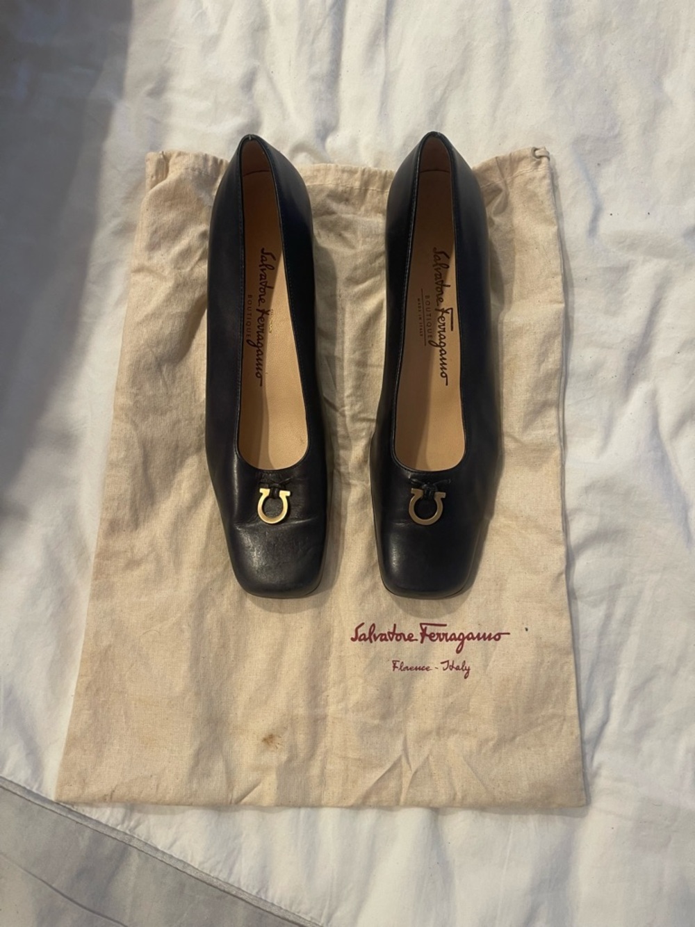 Salvatore Ferragamo Blue Leather Square-Toe  with Gold Gancini